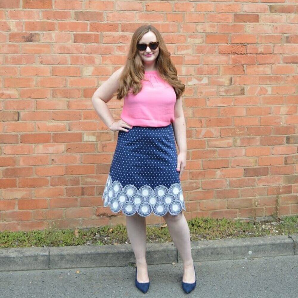 Boden Imogen Embroidered Polka Dot Skirt 10R Floral Burst A-Line Navy Blue EUC